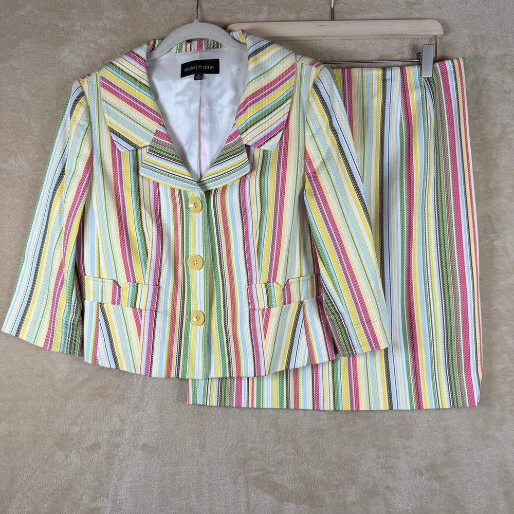Isabel & Nina Womens Striped Skirt Suit Set Size 6 Yellow Pink Blazer Skirt